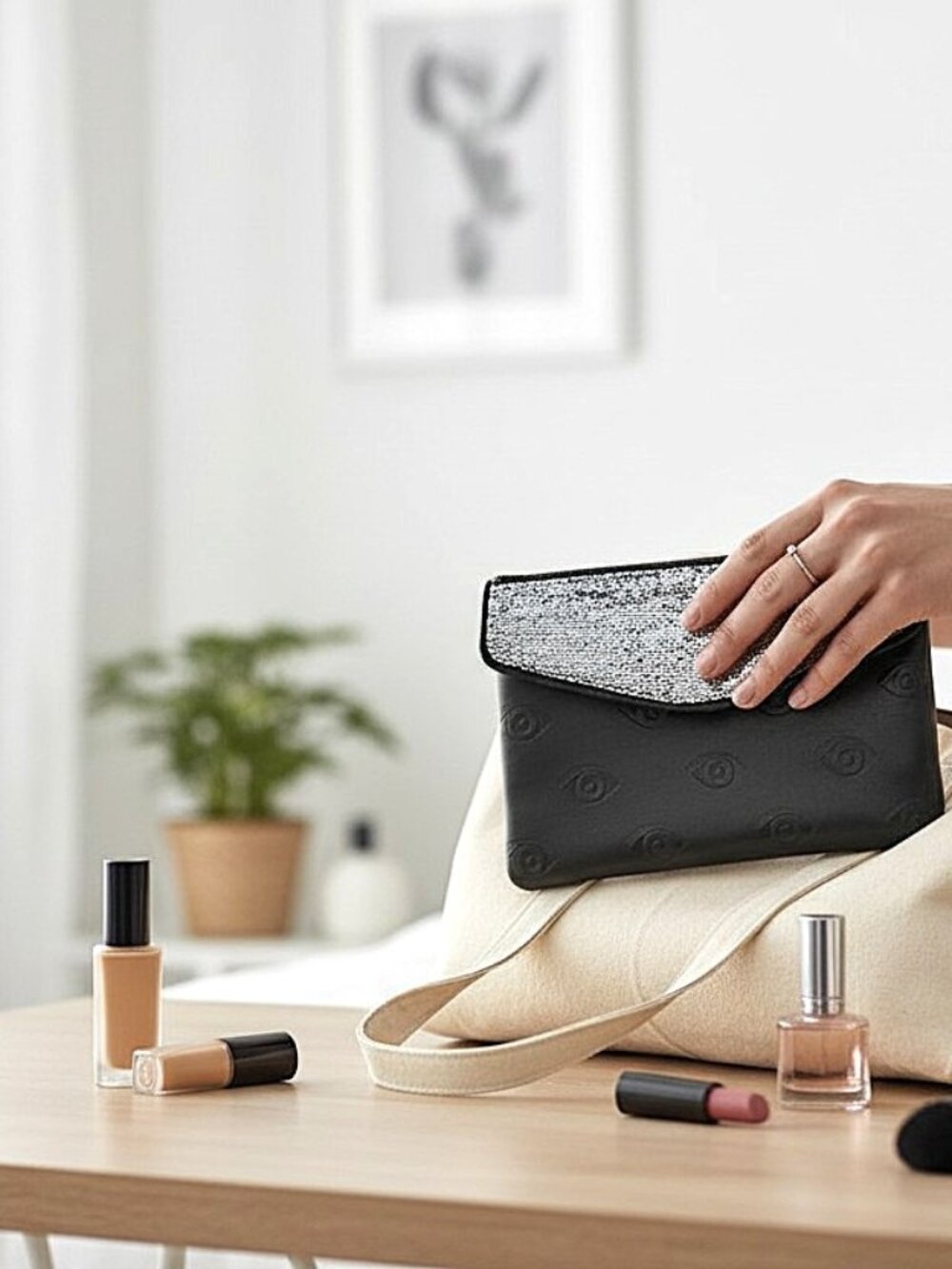 Kenzo Parfums Silver & Black Eye Cosmetic Bag – Sequin Flap